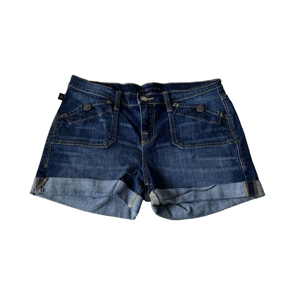 Rock & Republic Stinger Dark Wash Cuffed Denim Shorts Size 12 Blue‎